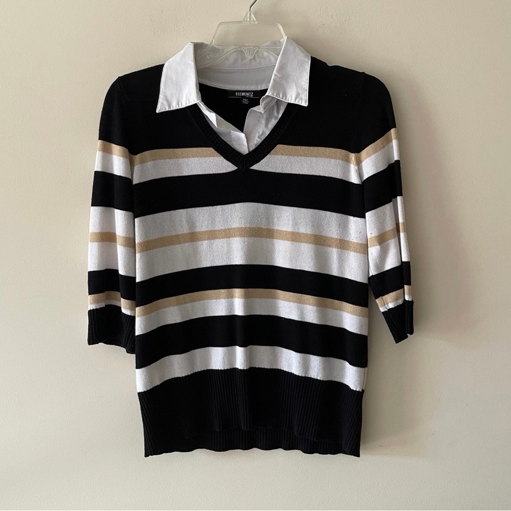 Elementz V-Neck Sweater - Black, White, and Tan Stripes